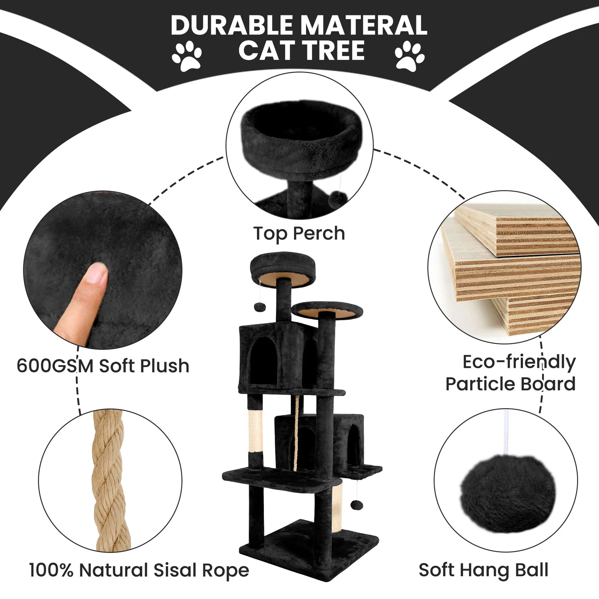 58" Cat Tree Large Cat Tower Condo W/ Multi-Level Scratching Post for All Indoor Cats, Black