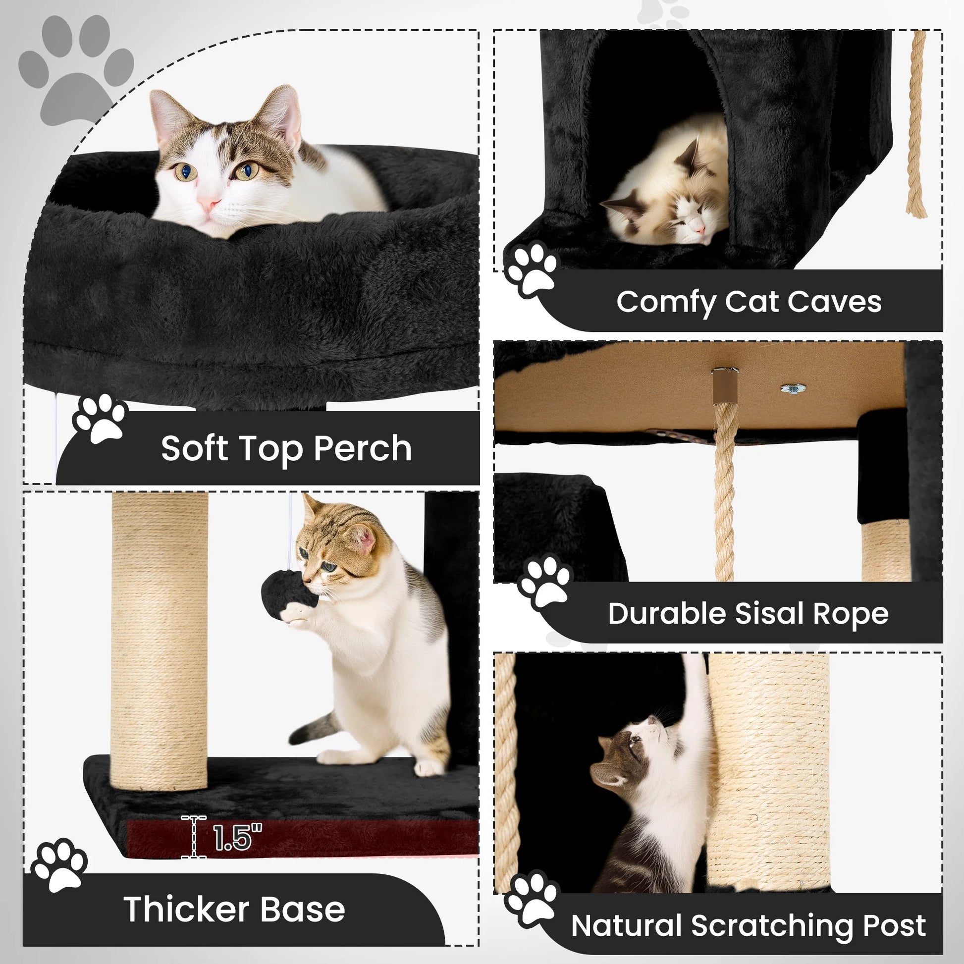 58" Cat Tree Large Cat Tower Condo W/ Multi-Level Scratching Post for All Indoor Cats, Black