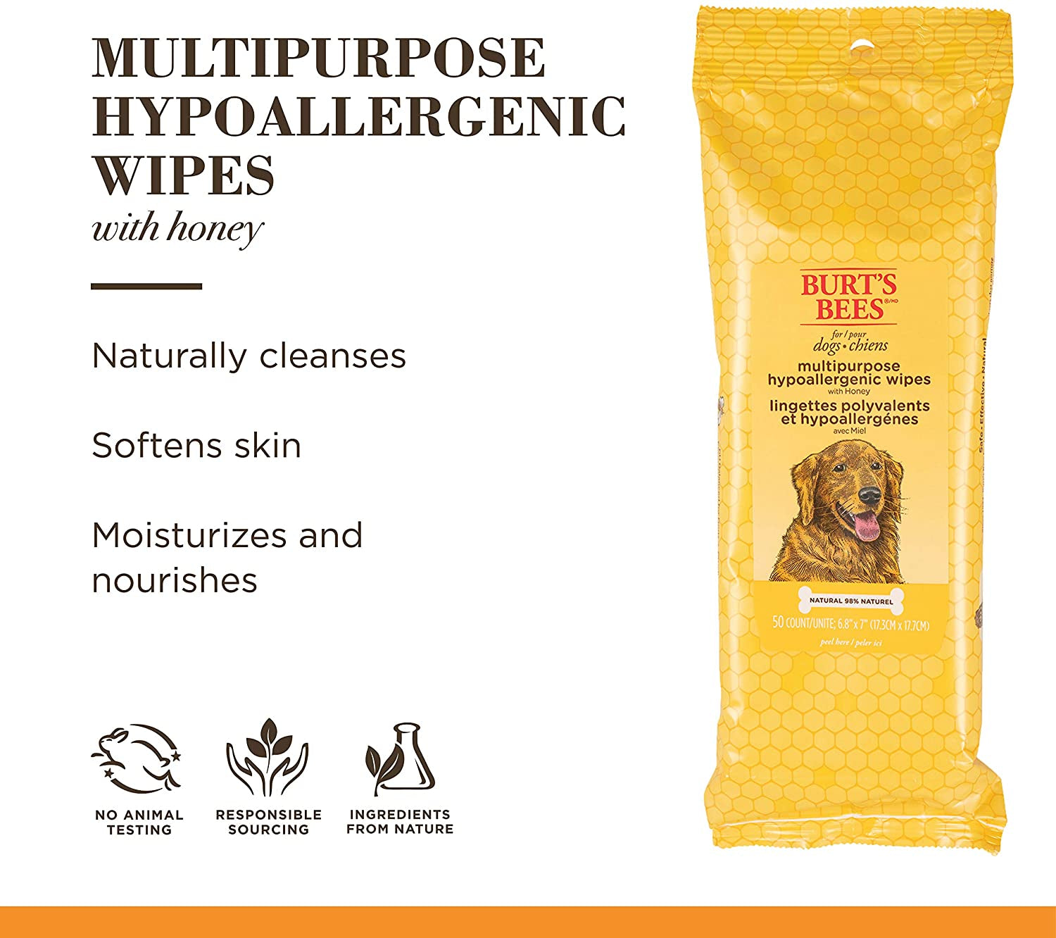 Multipurpose Dog Wipes with Honey, 98% Natural Origin Formulas, Hypoallergenic Dogs Wipe, Canine Cleaning Sheets for Paws and Butt, 3 Pk, 50Ct