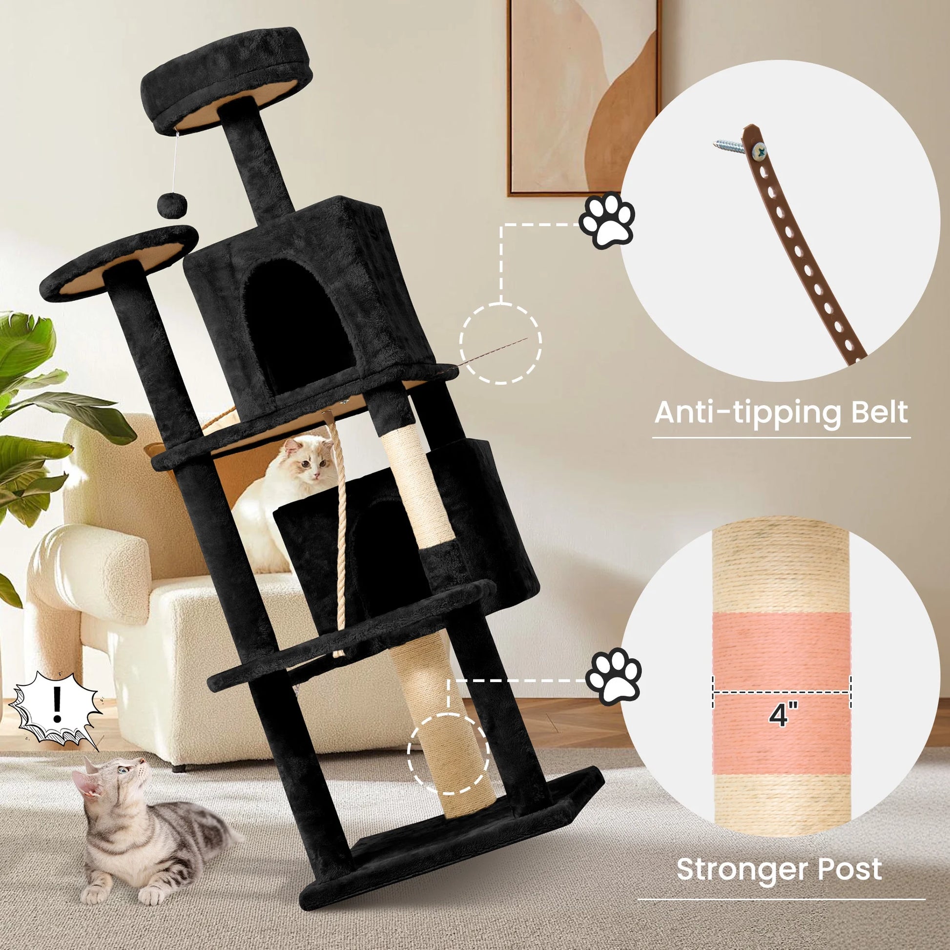 58" Cat Tree Large Cat Tower Condo W/ Multi-Level Scratching Post for All Indoor Cats, Black