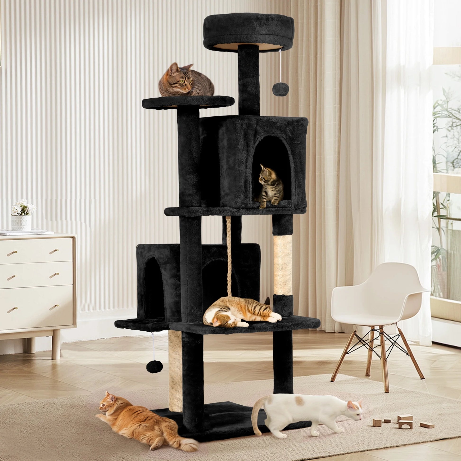 58" Cat Tree Large Cat Tower Condo W/ Multi-Level Scratching Post for All Indoor Cats, Black