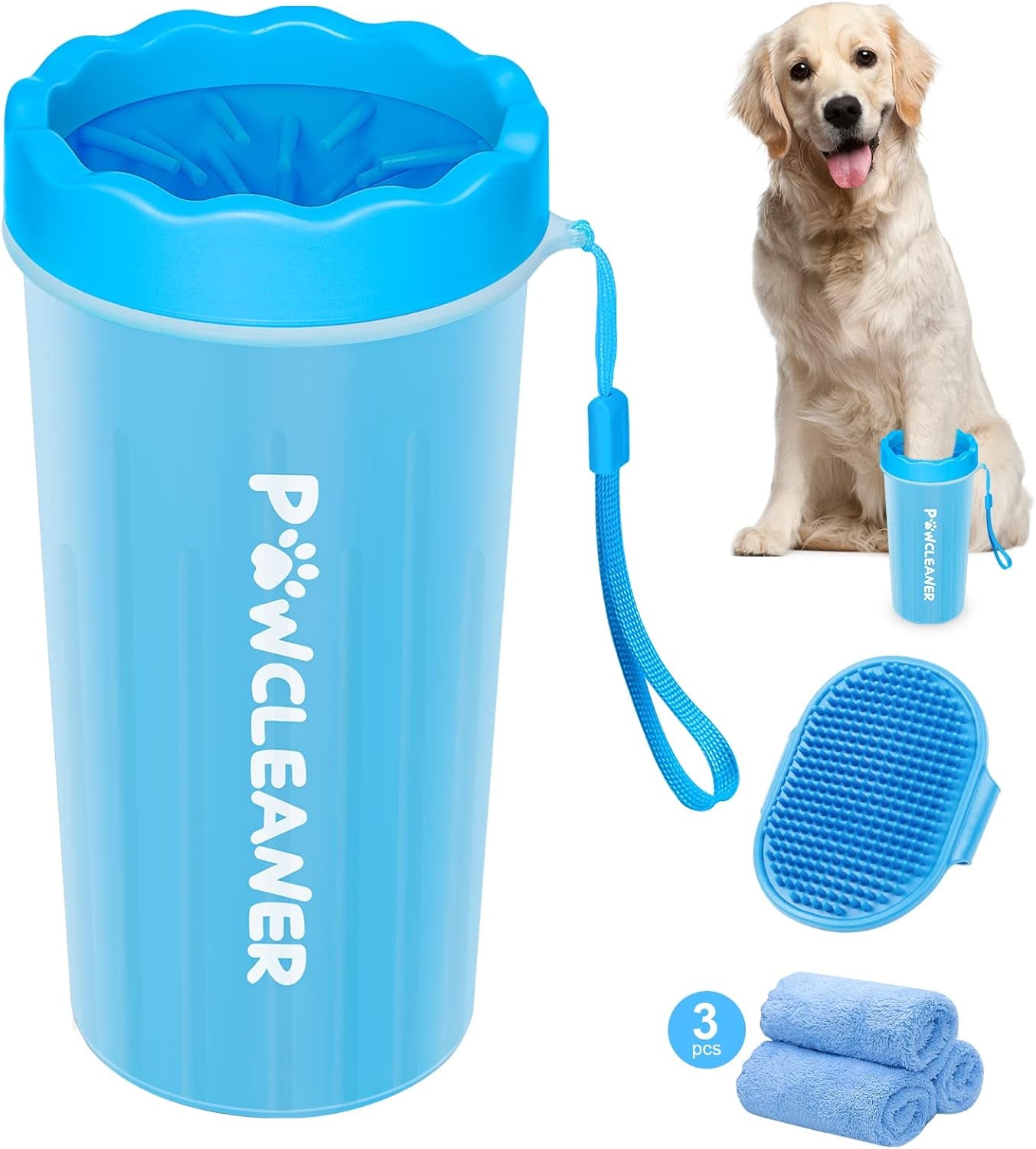 Dog Paw Cleaner with Bath Brush & Absorbent Towels - Adjustable Ring Handle For
