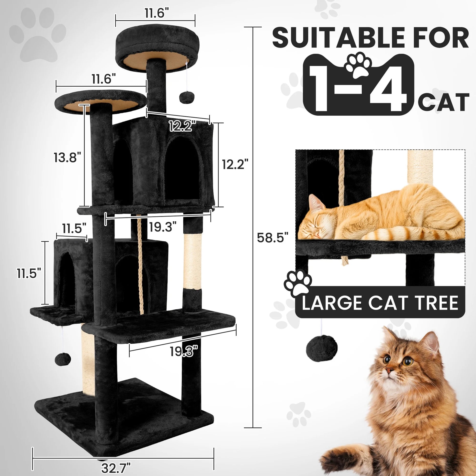58" Cat Tree Large Cat Tower Condo W/ Multi-Level Scratching Post for All Indoor Cats, Black