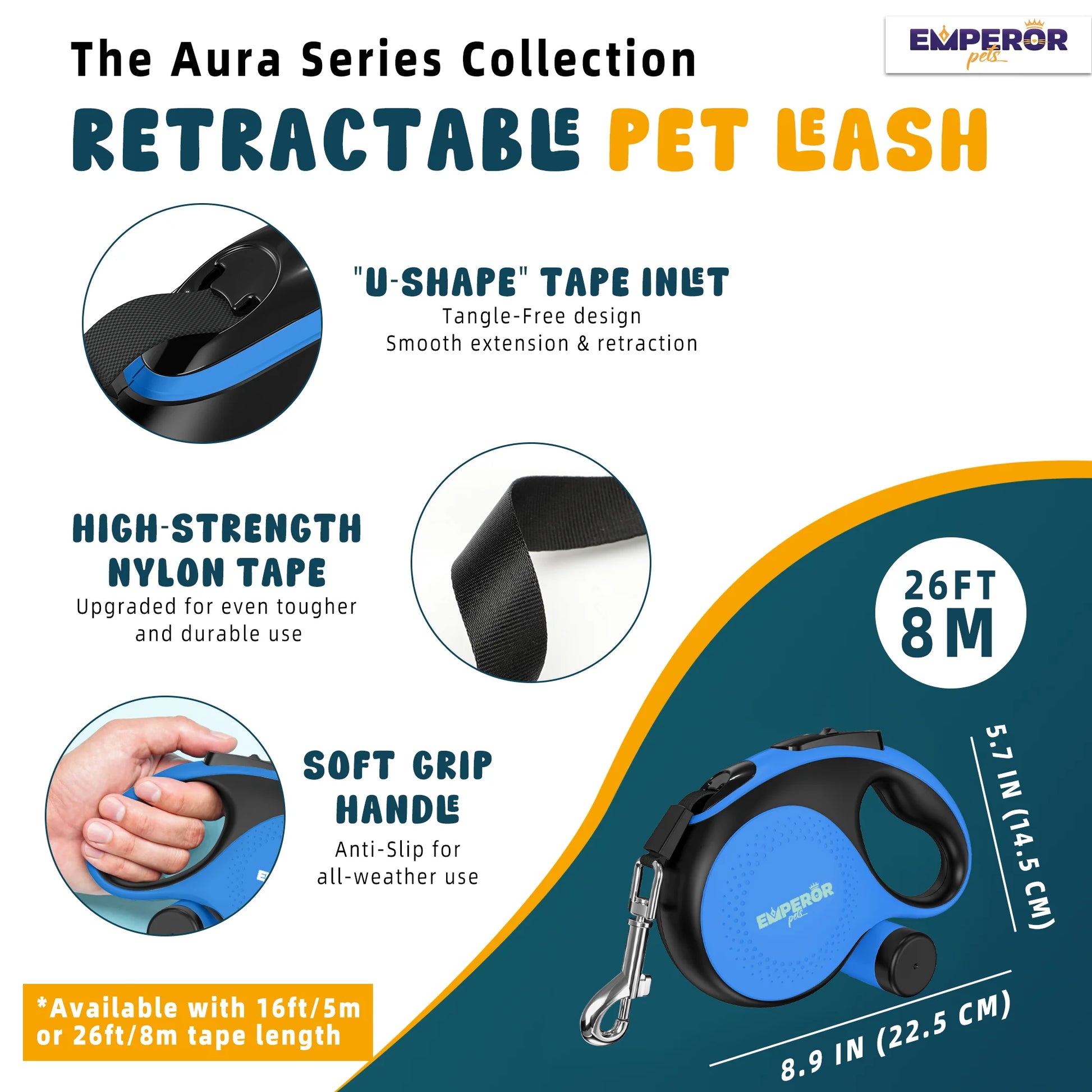 26 Ft Retractable Dog Leash Large Dogs Blue - up to 110Lbs, Heavy Duty Dog Leash Retractable 26 Ft -BL26