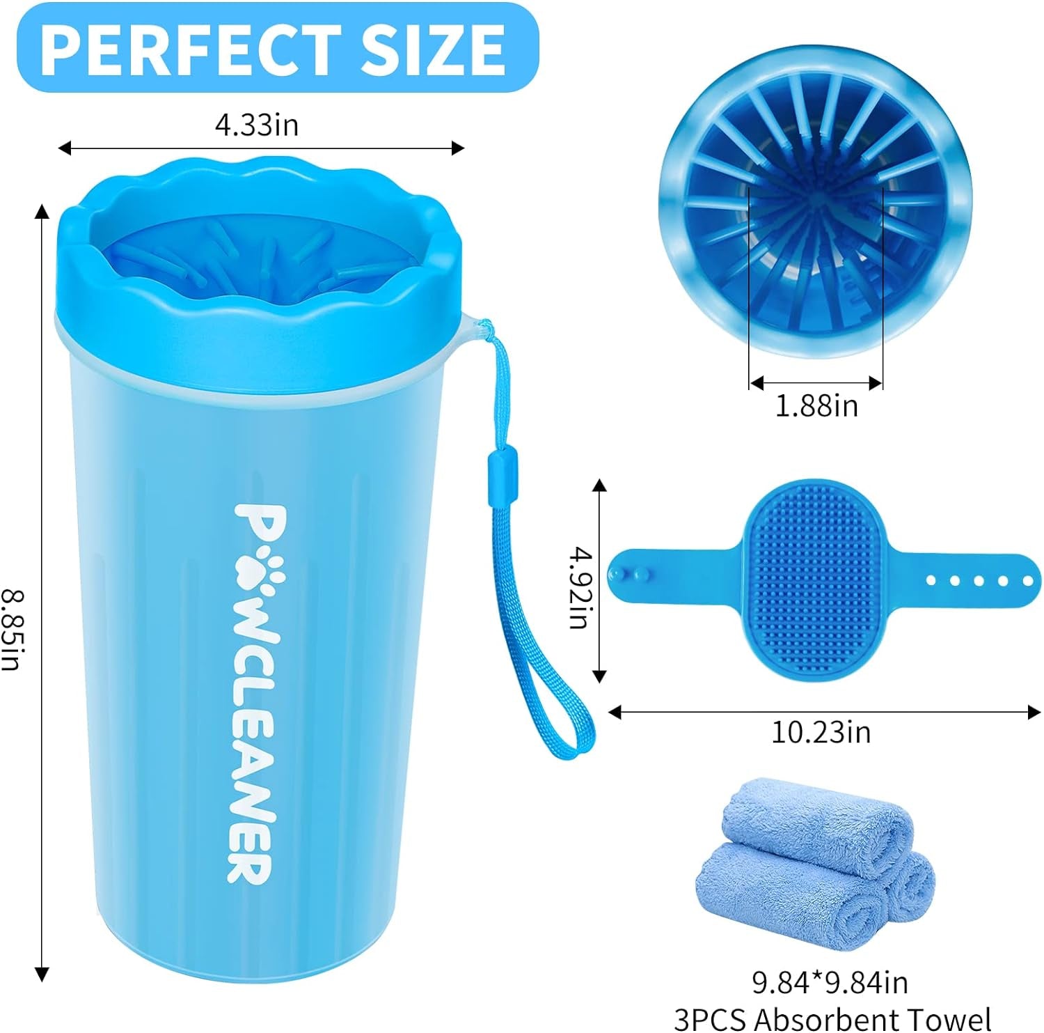 Dog Paw Cleaner with Bath Brush & Absorbent Towels - Adjustable Ring Handle For