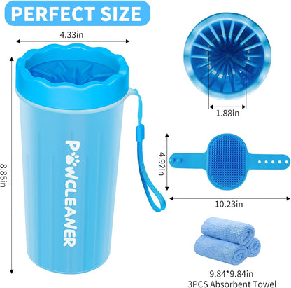 Dog Paw Cleaner with Bath Brush & Absorbent Towels - Adjustable Ring Handle For