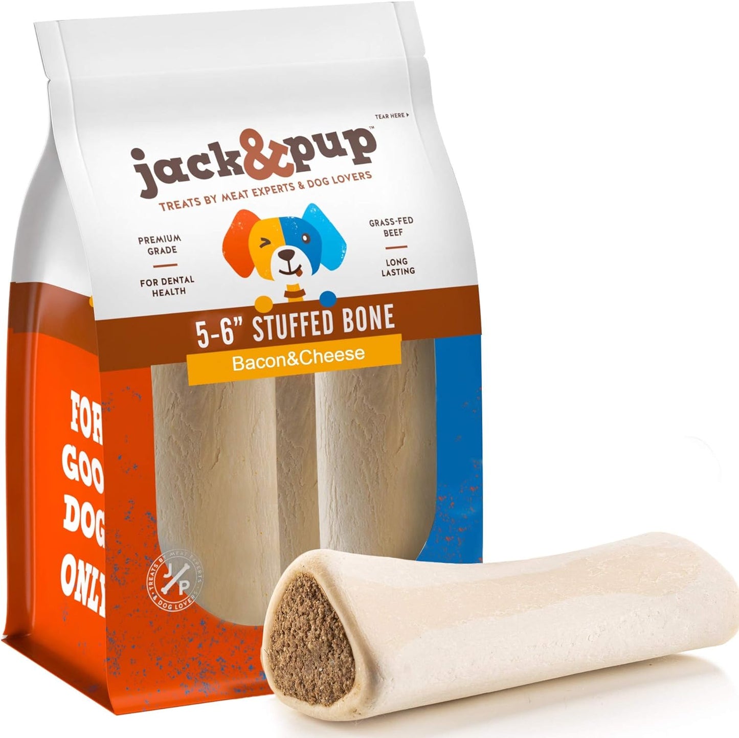 5-6" Filled Dog Bones for Large Dogs, Flavored Shin Dog Bones Long Lasting, Stuffed Bone for Dogs, High Protein, Bacon and Cheese Flavor - 3 Pack